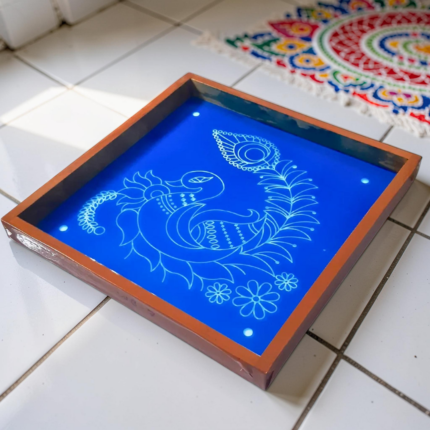 Rangly Peacock Rangoli Design Stencil Wooden 13x13 Inches Pack of 1 piece