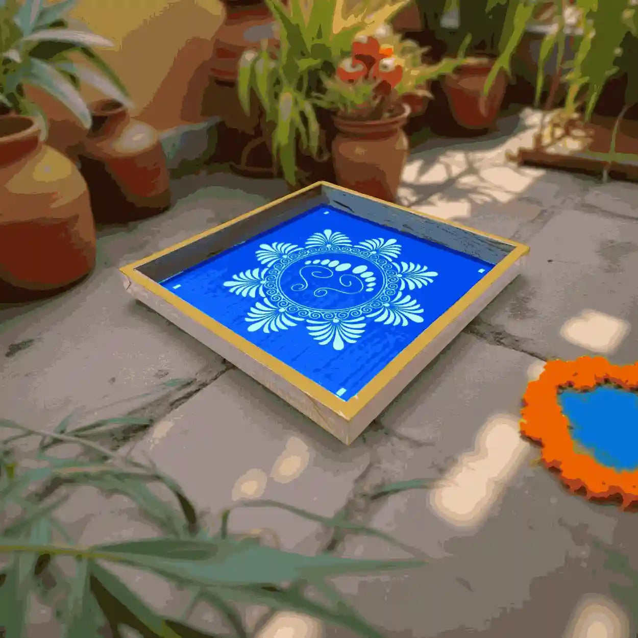 Rangly Lakshmi Padam with Flower Rangoli Stencil Wooden 5*5 Inches Pack of 1 piece