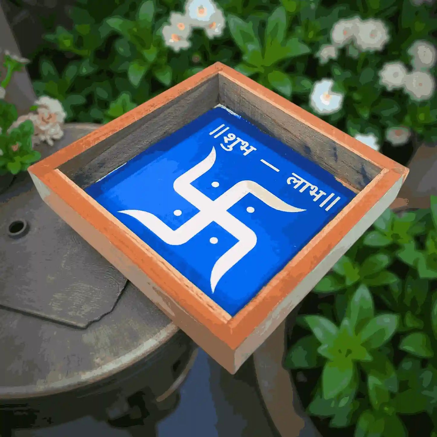 Rangly Shubh Labh with Swastik Rangoli Stencil Wooden 5*5 Inches Pack of 1 piece