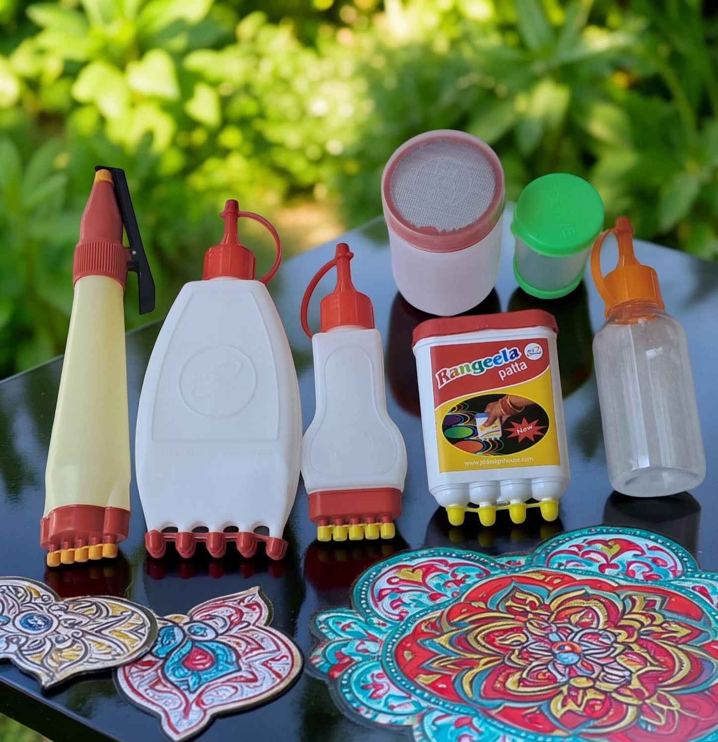 Rangly Rangoli Making Kit Combo – Rangeela Patta Galicha Patta Mini Patta Rangoli Pen & Colour Filler Dot Bottle Pack of 7 Piece