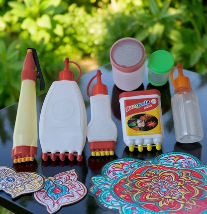 Rangly Rangoli Making Kit Combo – Rangeela Patta Galicha Patta Mini Patta Rangoli Pen & Colour Filler Dot Bottle Pack of 7 Piece