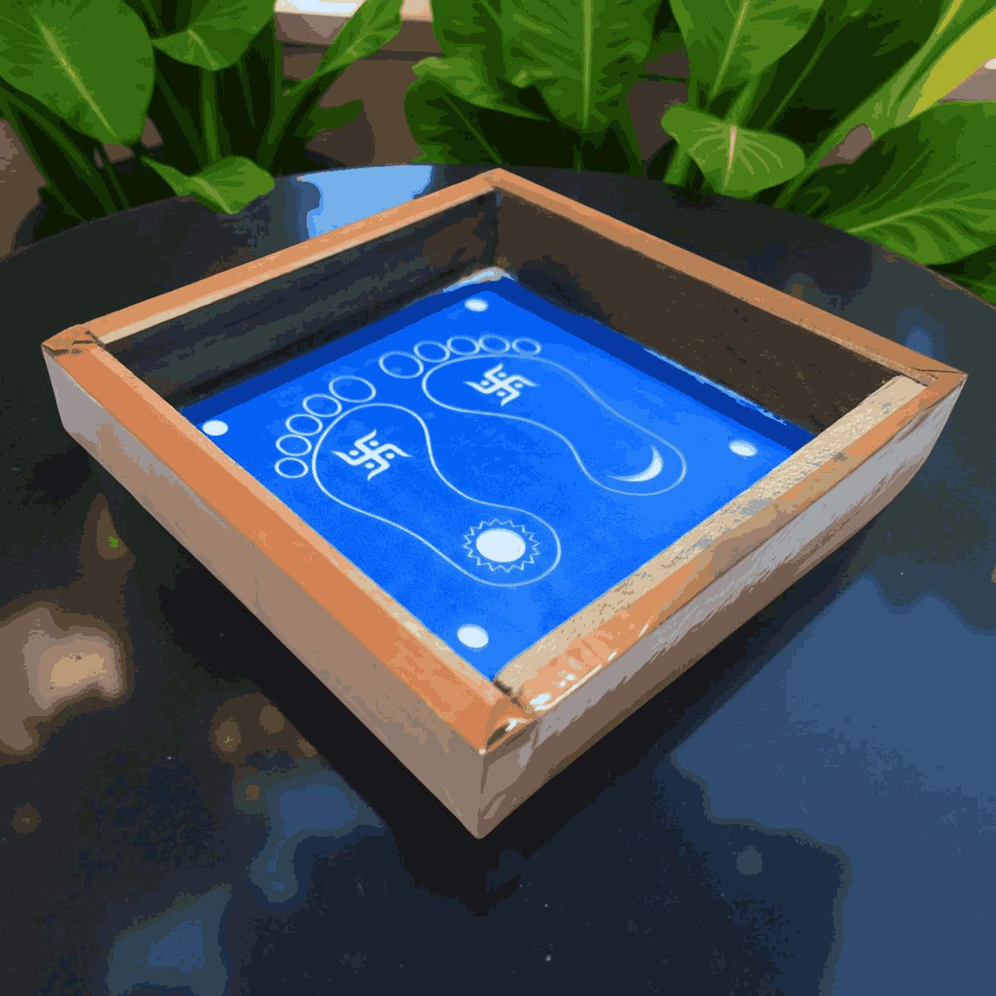 Rangly Lakshmi Padam Kolam with Swastik Rangoli Stencil Wooden 5X5 inches Pack of 1 piece