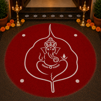 Big Leaf Ganesha Face Kolam Stencil -  Nature Inspired Divine Art