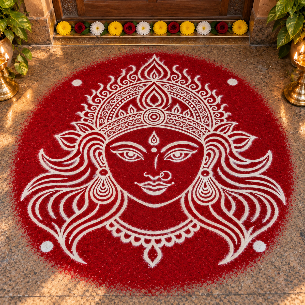 Goddess Devi Face Wooden Kolam Stencil for Pooja, Festivals & Home Entrance Decoration
