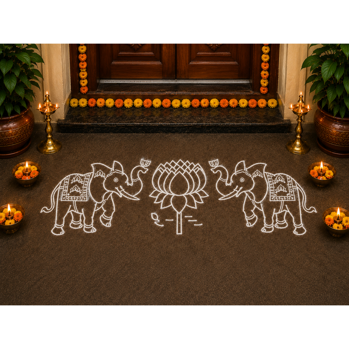 Rangly Elephant with Lotus Rangoli Stencil Wooden, 1 Piece (9x5 Inches)