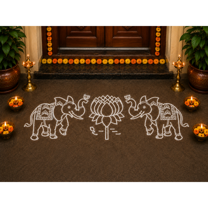 Rangly Elephant with Lotus Rangoli Stencil Wooden, 1 Piece (9x5 Inches)