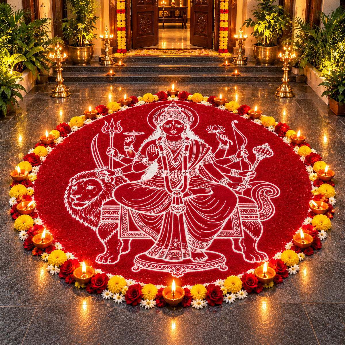 Mata Durga Kolam Stencil Y51 : Divine Power & Protection