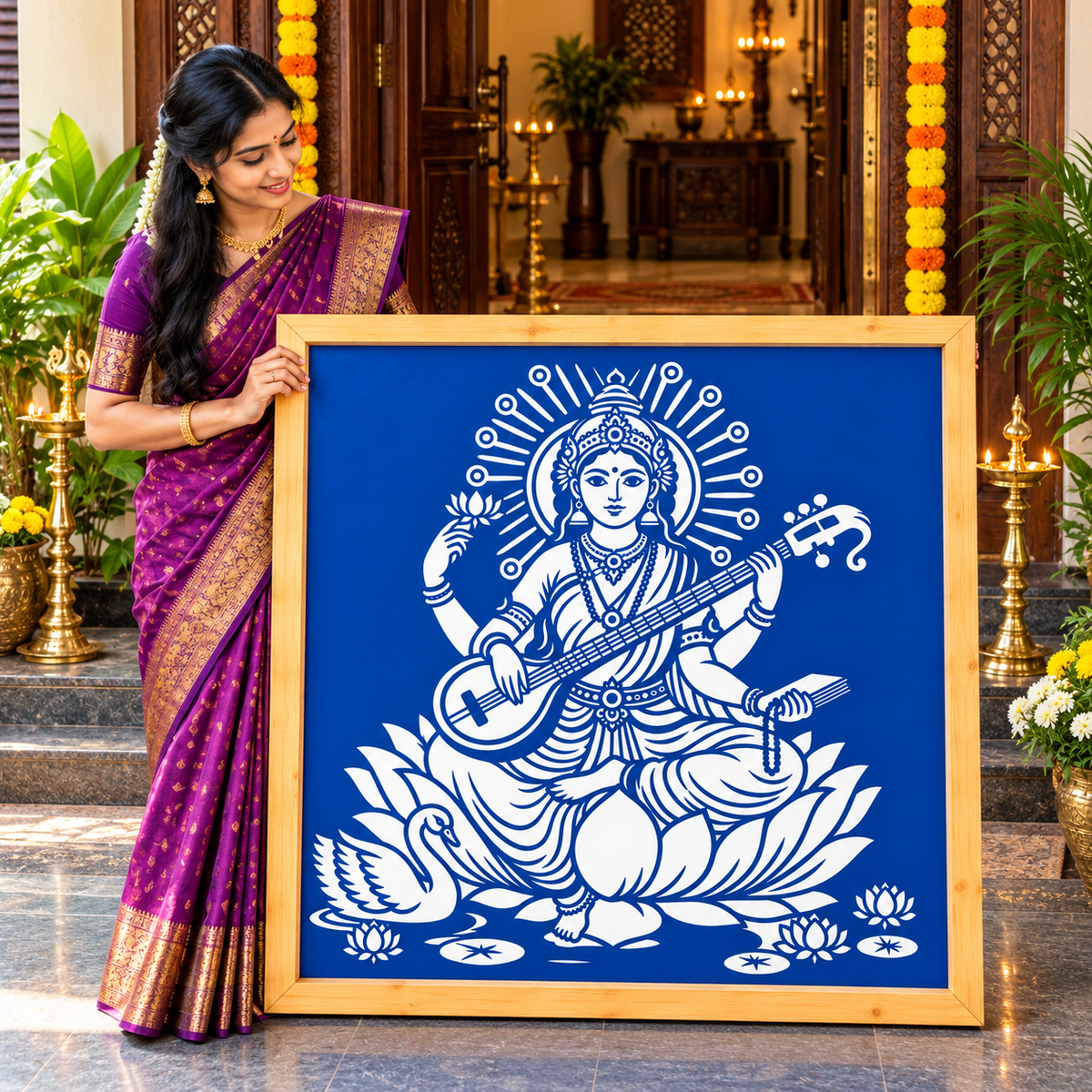 Goddess Saraswati Biggest Kolam Stencil – Traditional Goddess Rangoli Design