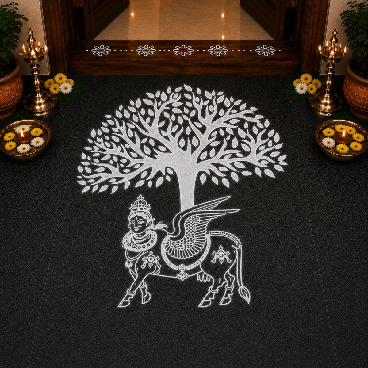 Rangly Karpaga Virutcham Tree With Kamadhenu Rangoli Stencil Wooden  10x10 Inches  Pack of 1 Piece
