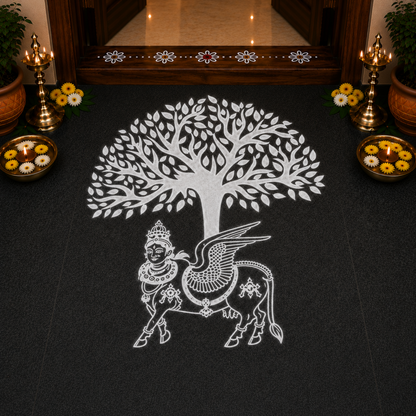 Rangly Karpaga Virutcham Tree With Kamadhenu Rangoli Stencil Wooden  10x10 Inches  Pack of 1 Piece