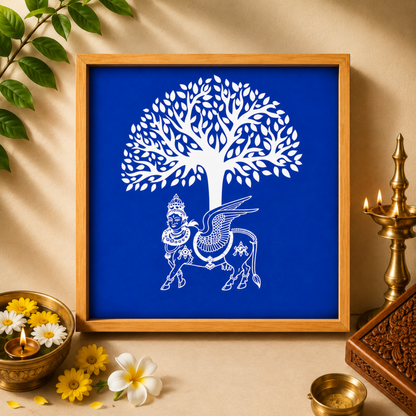Rangly Karpaga Virutcham Tree With Kamadhenu Rangoli Stencil Wooden  10x10 Inches  Pack of 1 Piece