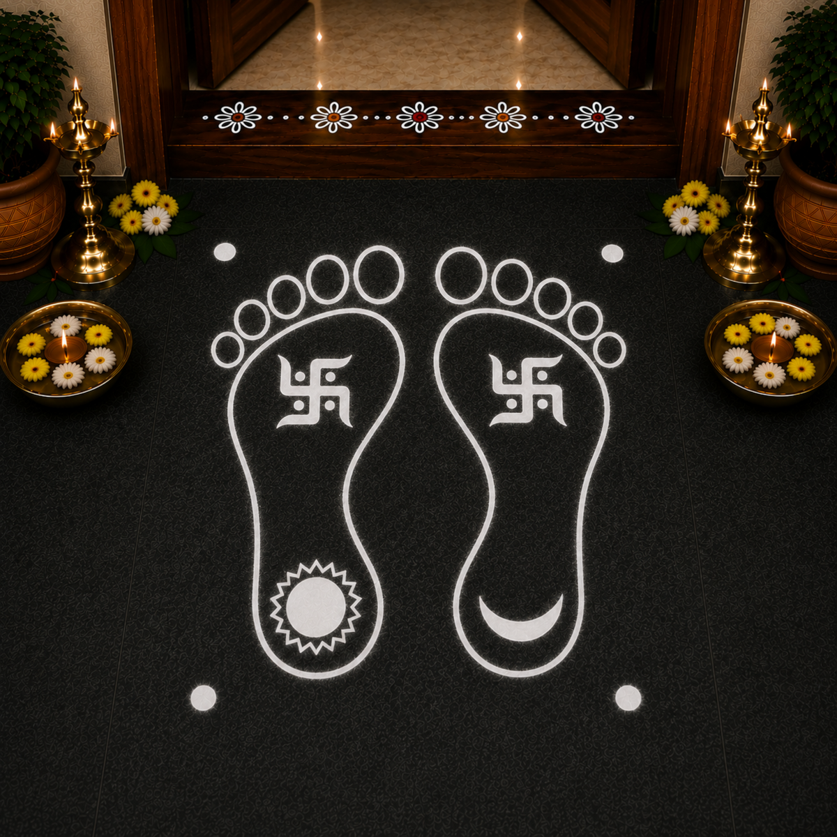 Rangly Lakshmi Padam Kolam with Swastik Rangoli Stencil Wooden 5X5 inches Pack of 1 piece