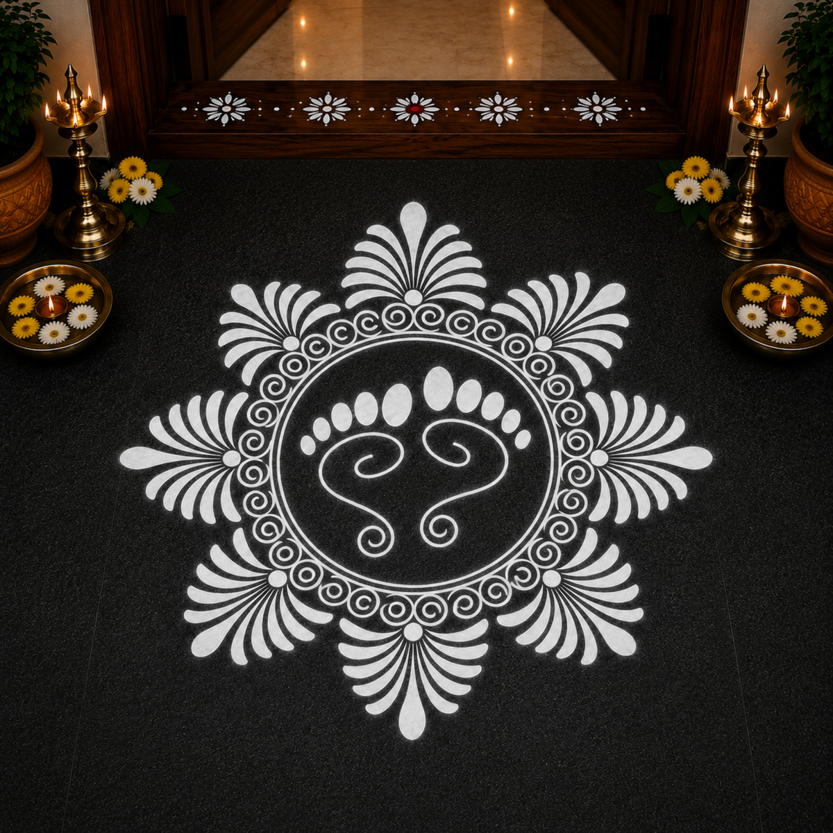 Rangly Lakshmi Padam with Flower  Rangoli Stencil Wooden  10x10 Inches  Pack of 1 Piece