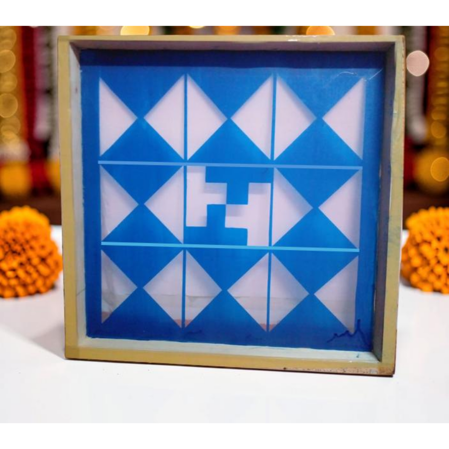 Navakam Yantra Design Stencil Wooden Frame 16x16 Inches Pack of 1 piece