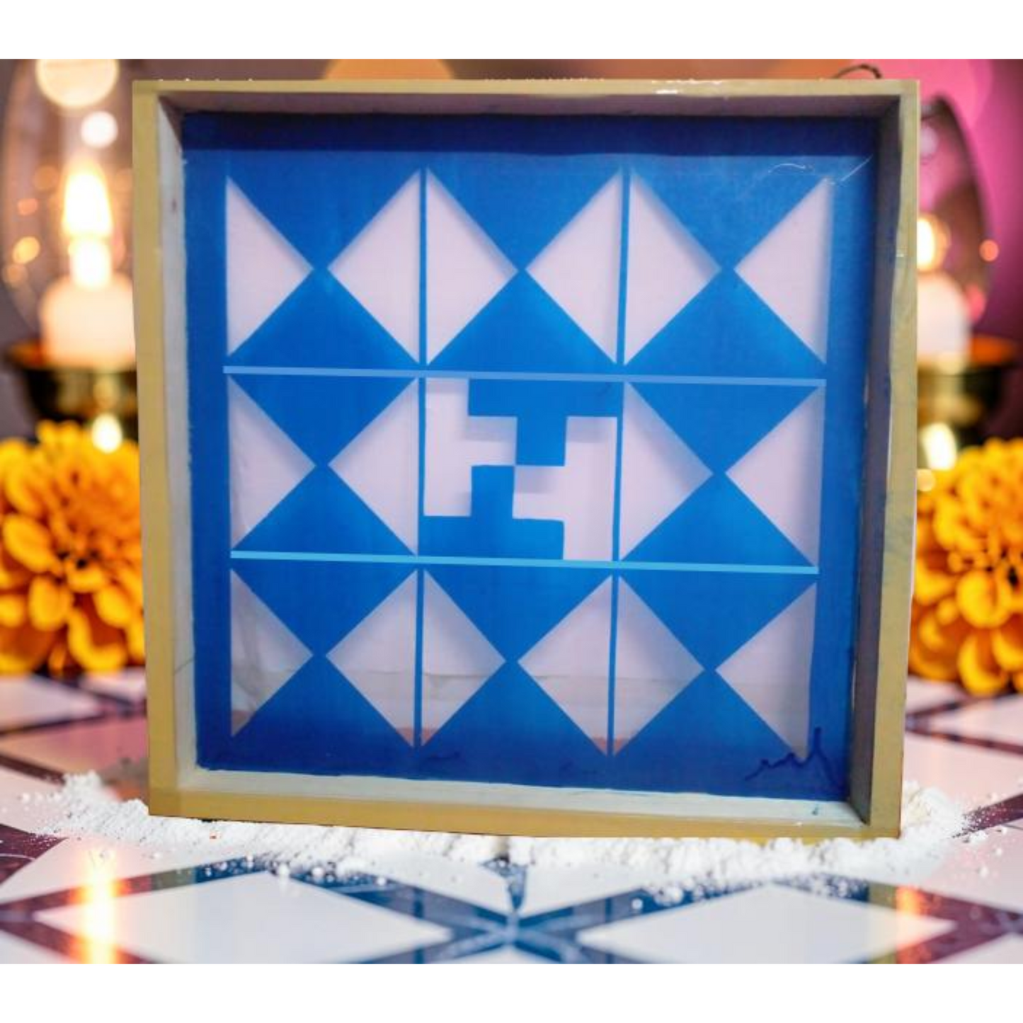 Navakam Yantra Design Stencil Wooden Frame 16x16 Inches Pack of 1 piece