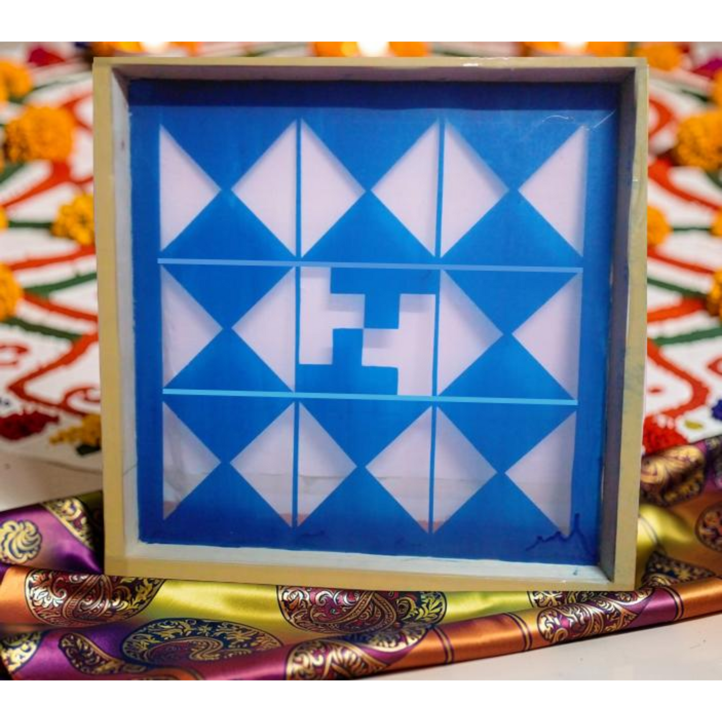 Navakam Yantra Design Stencil Wooden Frame 16x16 Inches Pack of 1 piece