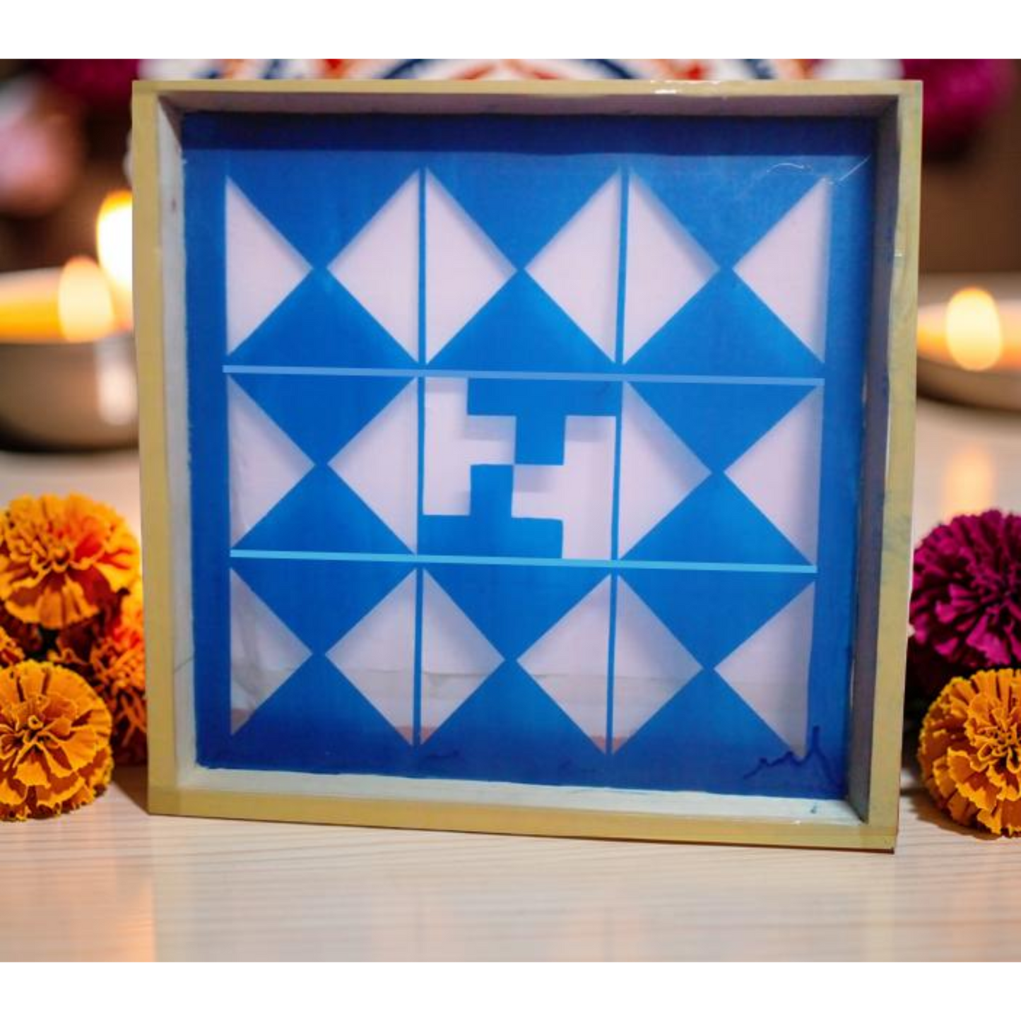 Navakam Yantra Design Stencil Wooden Frame 16x16 Inches Pack of 1 piece
