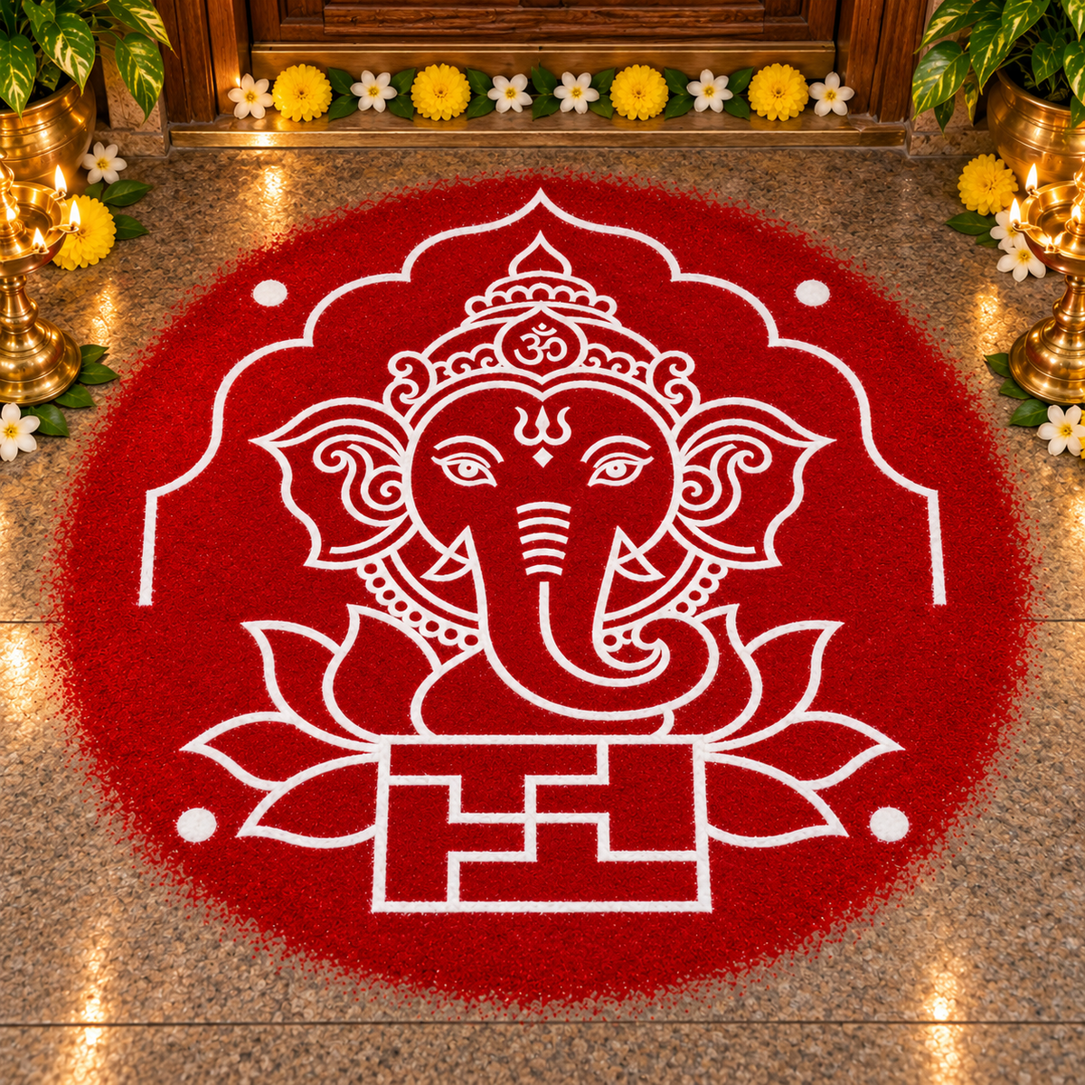 Swasthi Ganapathi Wooden Kolam Stencil for Pooja, Festivals & Home Entrance Decoration