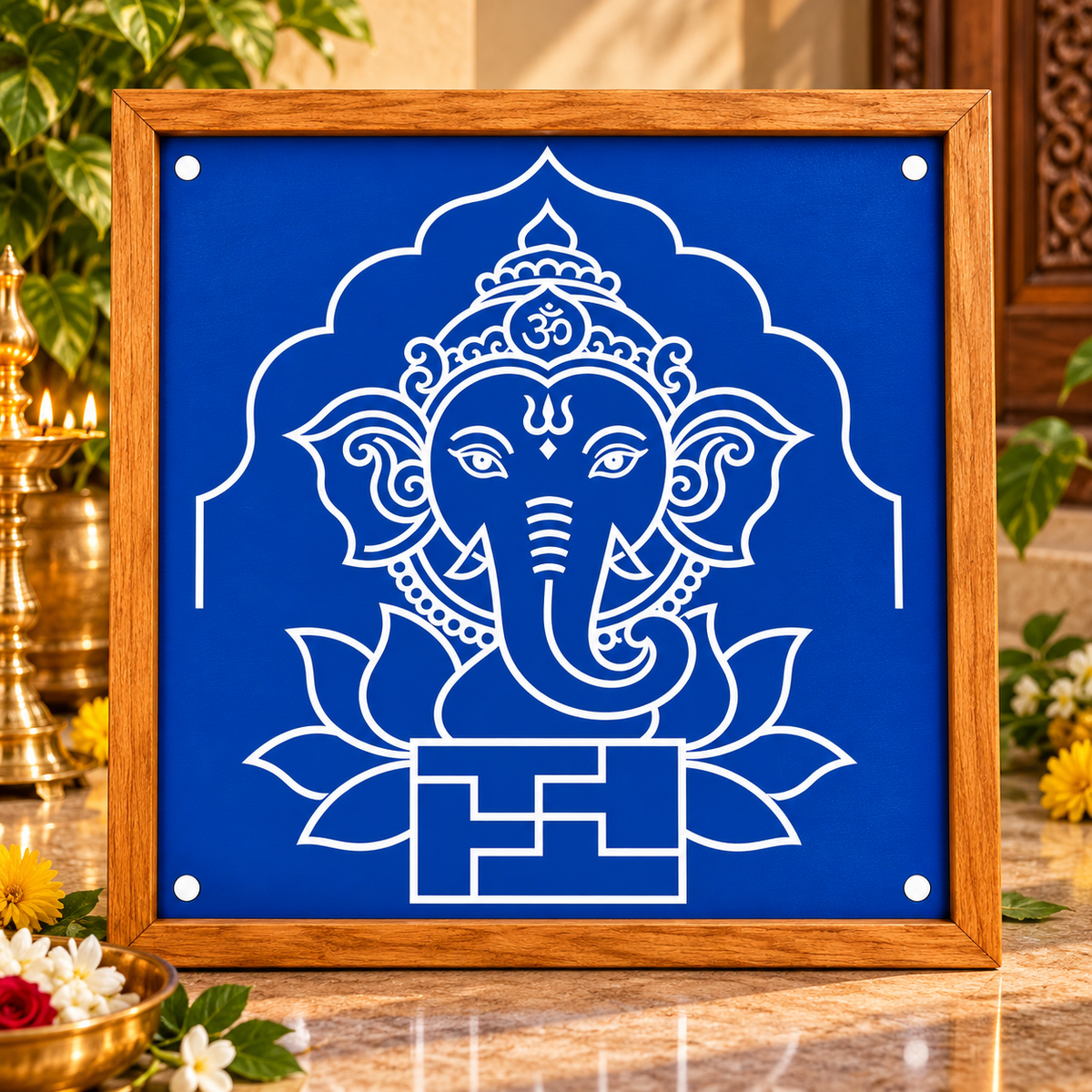 Swasthi Ganapathi Wooden Kolam Stencil for Pooja, Festivals & Home Entrance Decoration