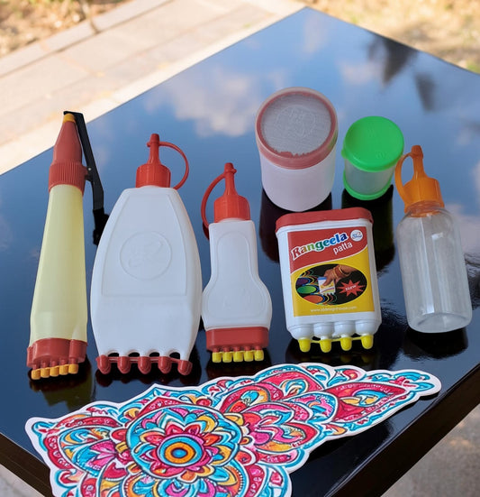 Rangly Rangoli Making Kit Combo – Rangeela Patta Galicha Patta Mini Patta Rangoli Pen & Colour Filler Dot Bottle Pack of 7 Piece