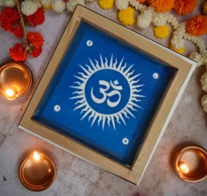 Rangly Om with Aura Rays Rangoli Stencil Wooden 5X5 inches  Pack of 1 piece