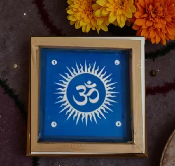 Rangly Om with Aura Rays Rangoli Stencil Wooden 5X5 inches  Pack of 1 piece