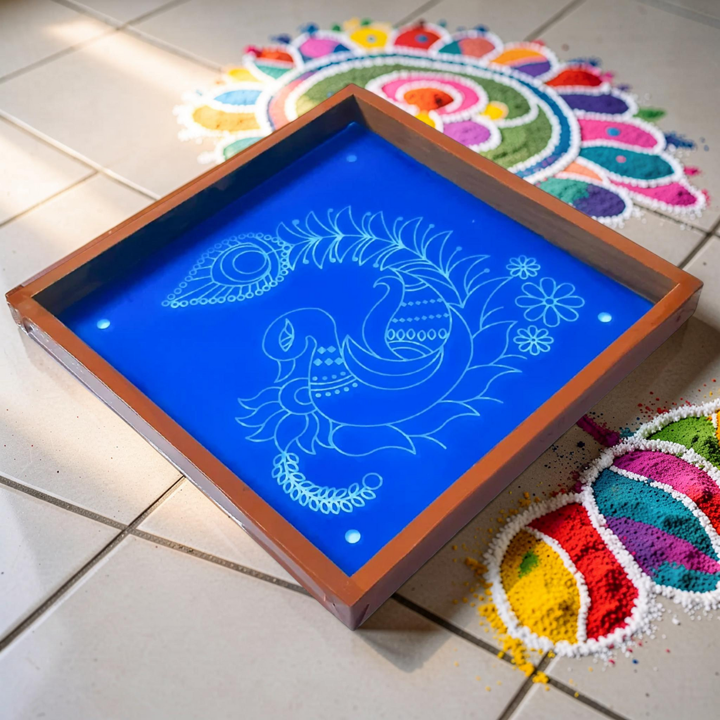 Rangly Peacock  Rangoli Design Stencil Wooden 13x13 Inches Pack of 1 piece