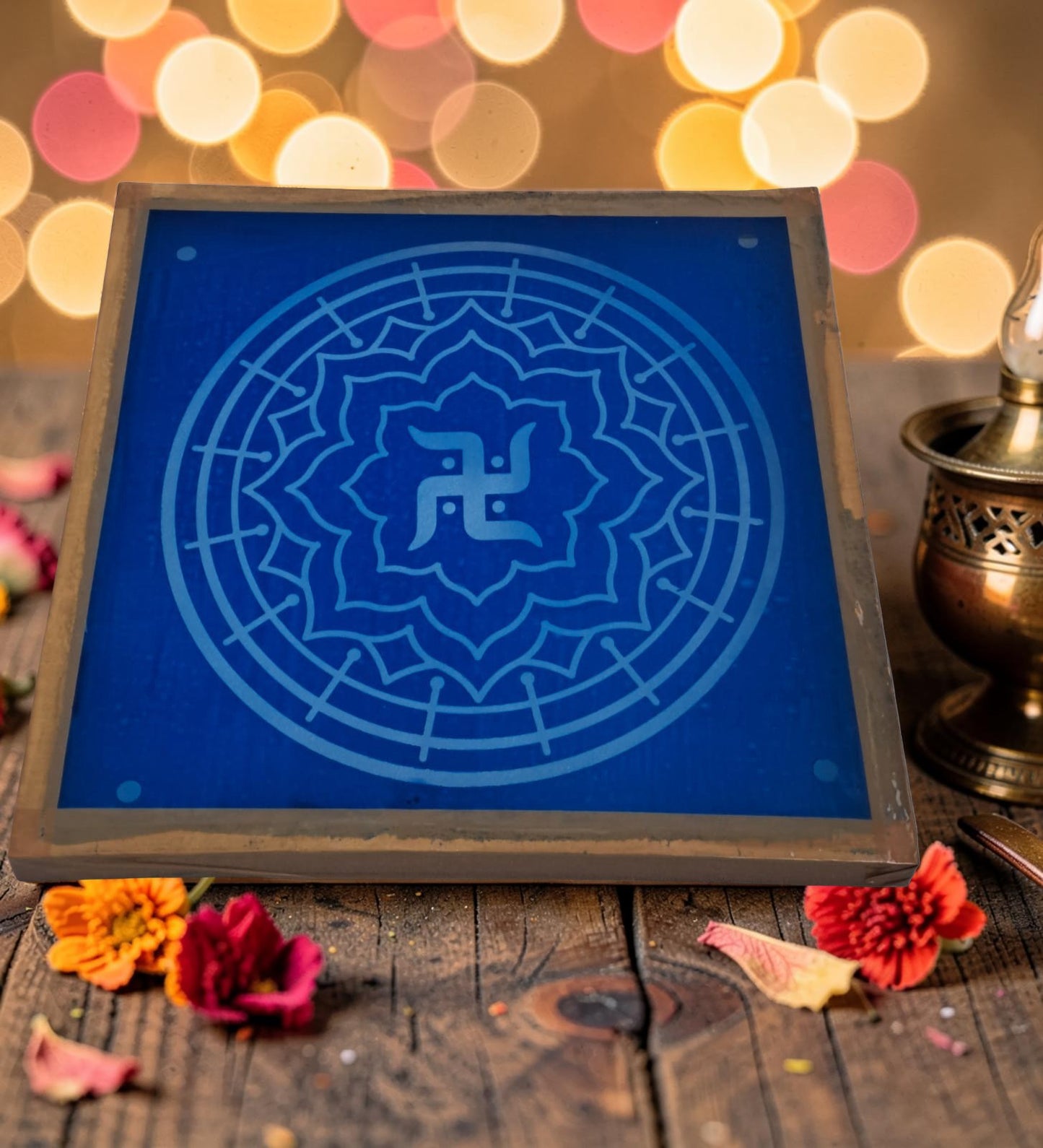 Rangly Swastik Padi Rangoli Design Stencil Wooden 13x13 Inches Pack of 1 piece