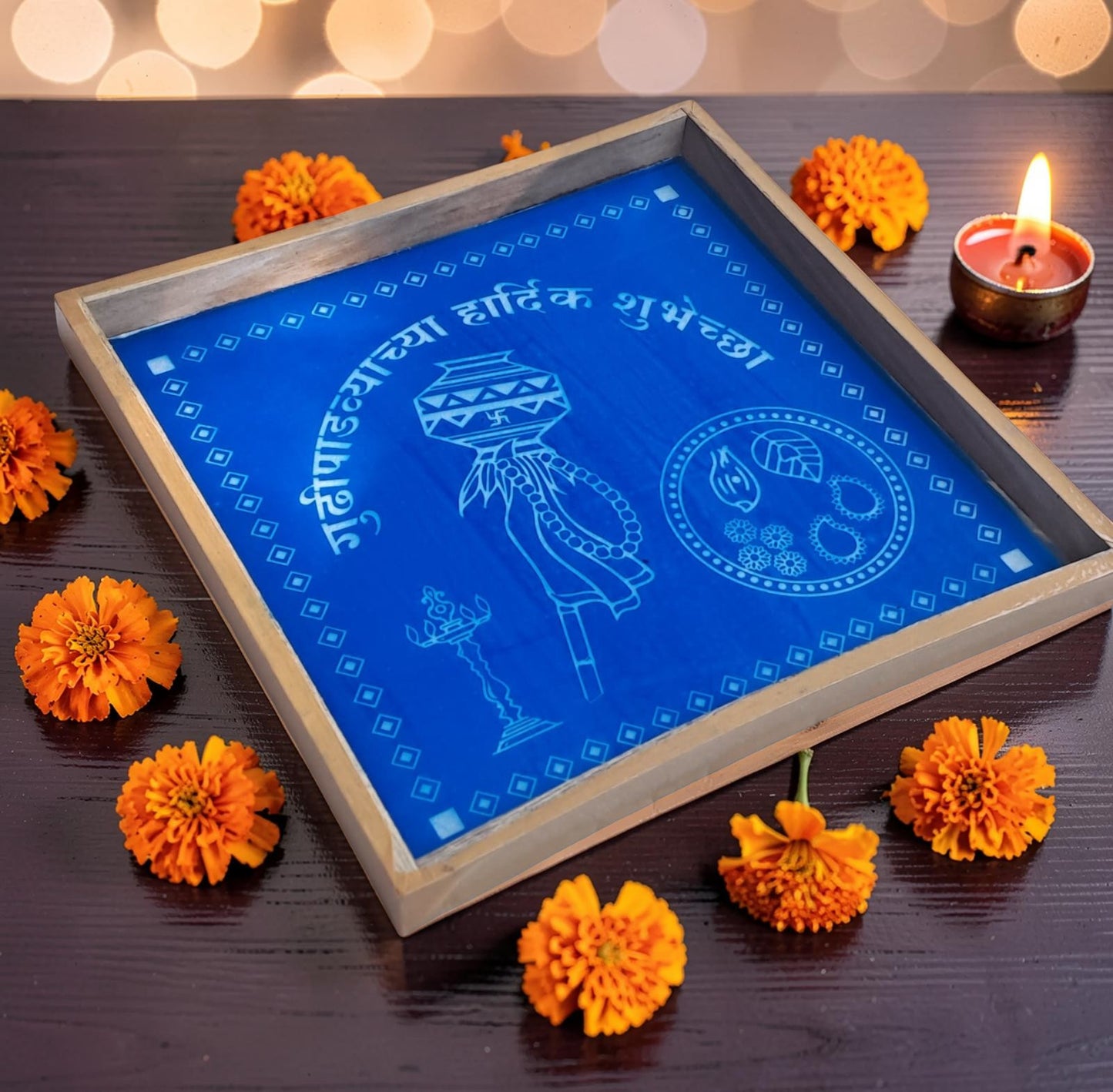 Rangly Satyanarayana Pooja Rangoli Design Stencil Wooden 13x13 Inches Pack of 1 piece