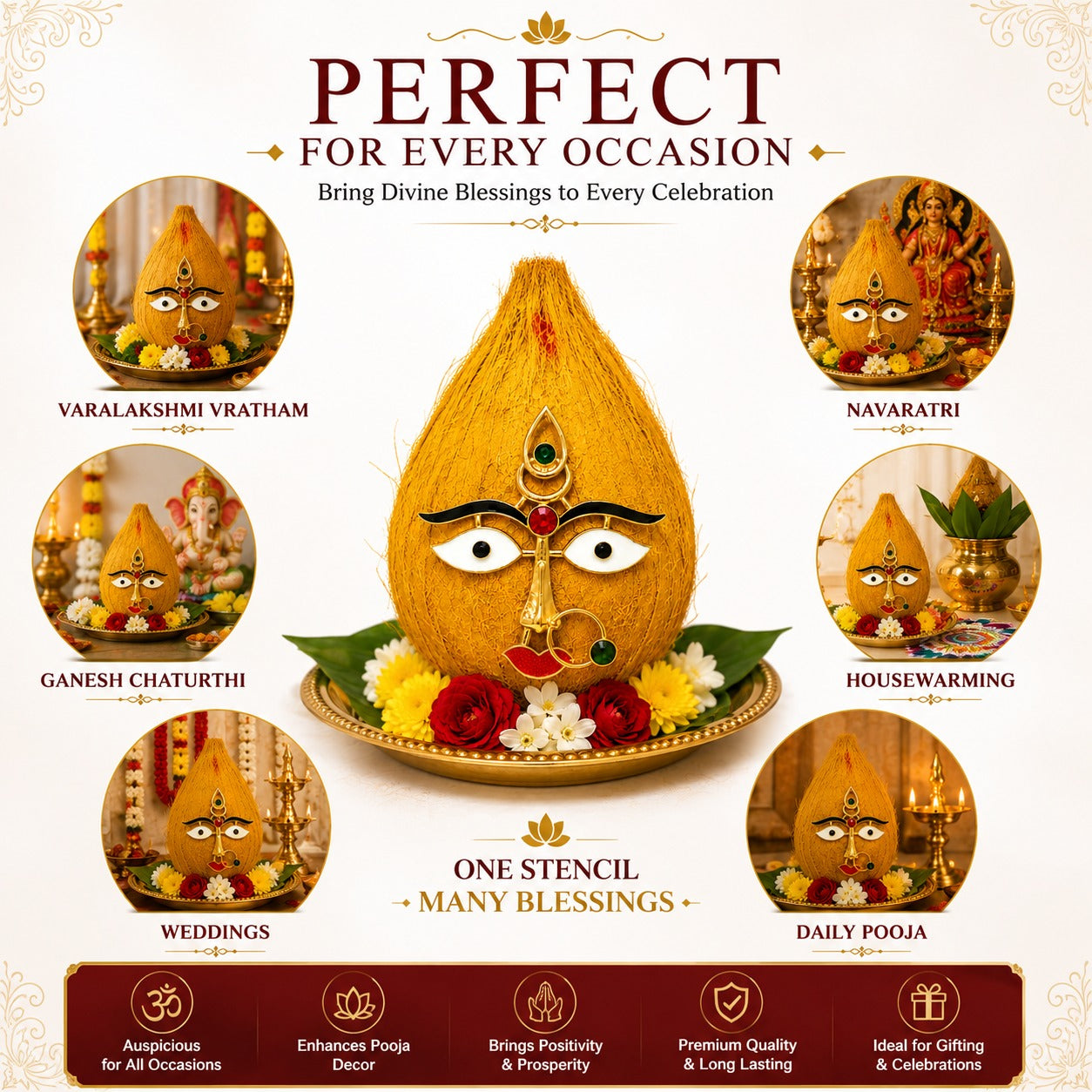 Rangly  Devi Face for Coconut Kalasm | Gold Plated Devi Eyes, Nose & Lips Ornament | Face Decoration for Durga, Lakshmi, Kali & Temple Pooja