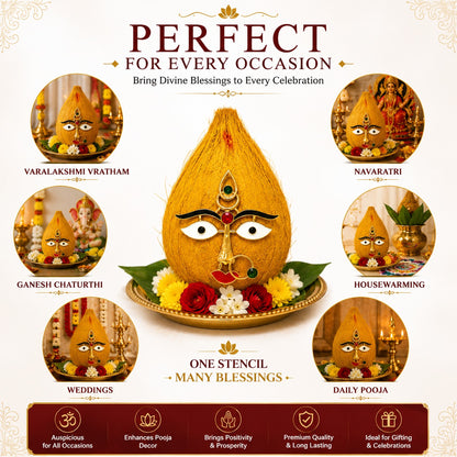 Rangly  Devi Face for Coconut Kalasm | Gold Plated Devi Eyes, Nose & Lips Ornament | Face Decoration for Durga, Lakshmi, Kali & Temple Pooja