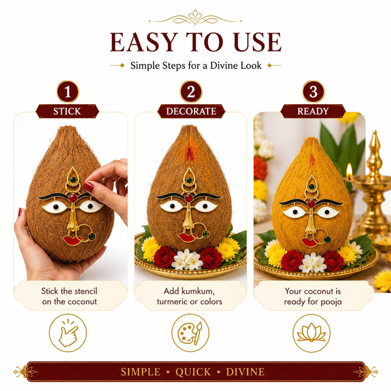Rangly  Devi Face for Coconut Kalasm | Gold Plated Devi Eyes, Nose & Lips Ornament | Face Decoration for Durga, Lakshmi, Kali & Temple Pooja