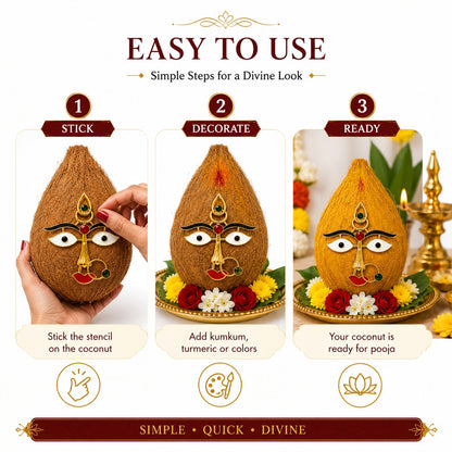 Rangly  Devi Face for Coconut Kalasm | Gold Plated Devi Eyes, Nose & Lips Ornament | Face Decoration for Durga, Lakshmi, Kali & Temple Pooja