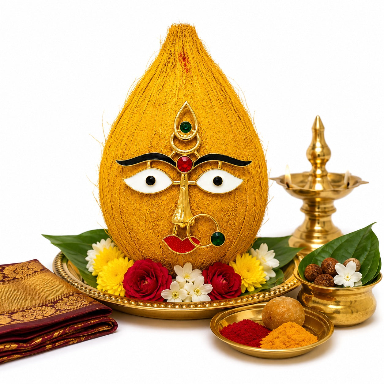 Rangly  Devi Face for Coconut Kalasm | Gold Plated Devi Eyes, Nose & Lips Ornament | Face Decoration for Durga, Lakshmi, Kali & Temple Pooja