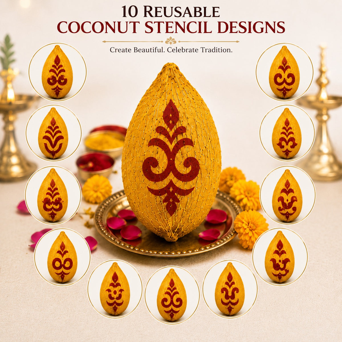 Varalakshmi Pooja Kalasam Coconut Stencils, Decorative Design, Pack of 10 _Rangly