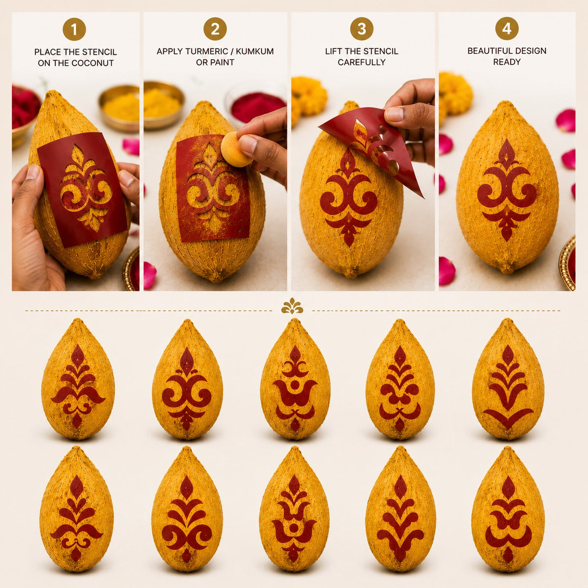Varalakshmi Pooja Kalasam Coconut Stencils, Decorative Design, Pack of 10 _Rangly