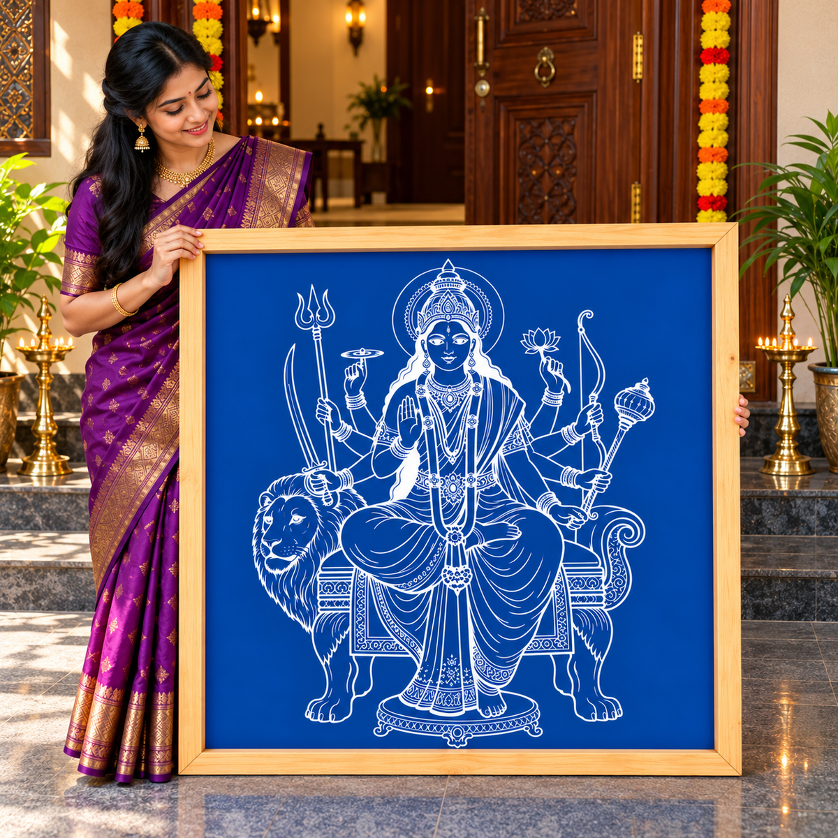 Mata Durga Kolam Stencil Y51 : Divine Power & Protection